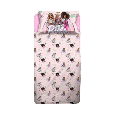 Imagen de hermet Barbie Juego Completo de sábanas para Dormitorio Individual, Color Rosa, sábana Bajera Ajustable, Funda Almohada 50 x 80 cm, 100% algodón, Producto Oficial