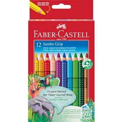 Imagen de Faber Castell 110912 Jumbo, estuche de cartón con 12 lápices colores Grip, acuarelables, escolares, multicolor