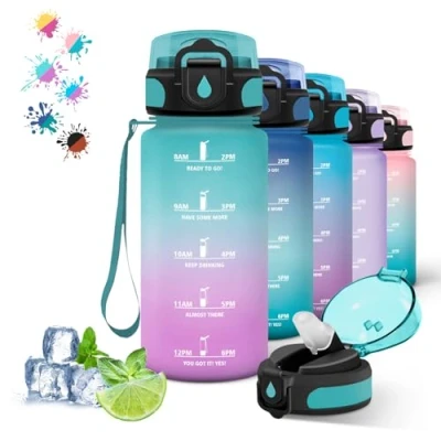 Imagen de Botella Agua 500ml, Reutilizable con Pajita, Agua, Cantimplora Infantil, Fácil de Limpiar, Deportiva, Marca Tiempo, para , Café, Jugo, Verde Rosa