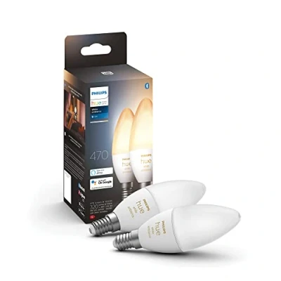 Imagen de Philips Hue Bombilla LED Inteligente, B39 E14, Luz Blanca de Cálida a Fría, 5.2W 470 lúmens Compatible con Alexa y Google Home Pack 2 Bombillas inteligentes