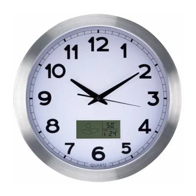 Imagen de Perel Reloj de Pared, Redondo, analógico, 35 cm, Pantalla LCD con termómetro, higrómetro y disposiciones meteorológicas, Aluminio, Plata