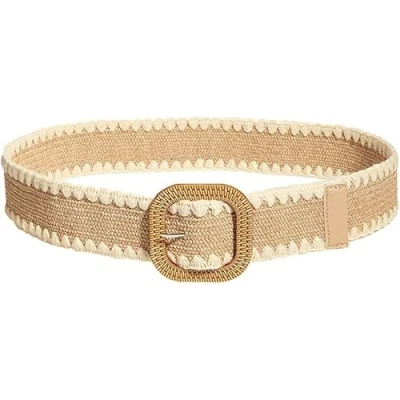 Imagen de FFWTPY Cinturon Mujer Cinturón Elástico Tejido de Paja Verano Amplio Cinturilla Trenzada Vintage Flaco Bohemio con Hebilla para Vestidos Camisas Jeans (Beige)