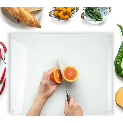 Imagen de Tabla de Cortar Vidrio 50 x 40 cm: Protector Encimera GRANDE para Cocina Templado Duradero e Higiénico, Resistente a Arañazos TRANSPARENTE
