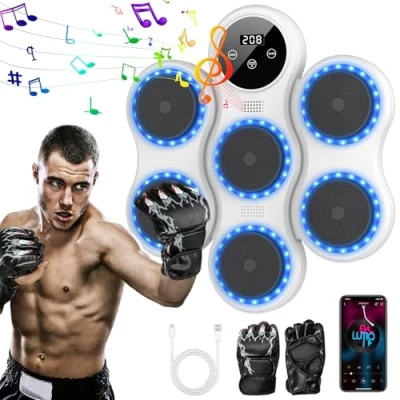 Imagen de Maquina de Boxeo Musical, Music Boxing Machine Adultos y Niños, Pared Musical con Guantes, Modo Bluetooth, 9 Modos Velocidad, Conteo Automático, para Ejercicio/Alivio del Estrés (Blanco)