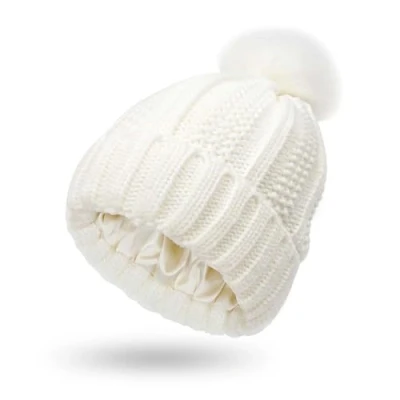 Imagen de Invierno Cálido Sombrero de Punto para Mujer con Forro Satén y Piel Sintética Pom la Bola Gorra Grueso Tejida Gorro