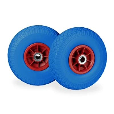 Imagen de 2X Ruedas de Carretilla, Neumáticos Goma, 3.00 4, Eje 20mm, hasta 80 kg, 260 x 85 mm, Recambios, Azul y Rojo