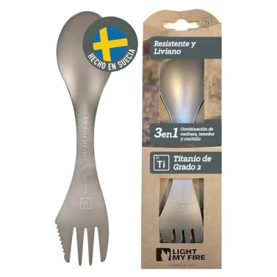Imagen de Light My Fire Cubiertos para Llevar en una Pieza 3 1 Spork Metálico Cubierto Multifunción de Titanio Camping, Viaje y Excursioanismo Irrompible, No Tóxico, Sin BPA