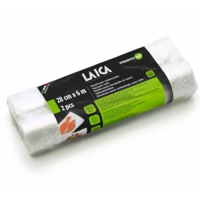 Imagen de 2 rollos de 28x600 cm en plástico gofrado especial para el envasado al vacío alimentos Laica VT3509 libres BPA