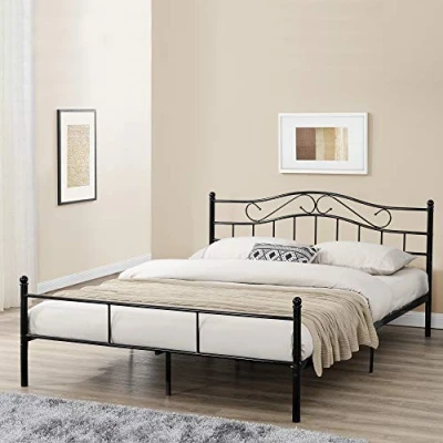 Imagen de Cama de Metal Doble (Florencia)(160 x 200cm)(Negro) con cabecero Curvado/Recubrimiento en Polvo/somier Incluido