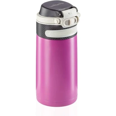 Imagen de Leifheit Vaso térmico Flip (350 ml) con tapón de rosca, taza hermética bloqueo adicional contra fugas, termo portátil, uso una mano, morado