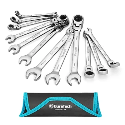 Imagen de DURATECH juego de llaves trinquete cabeza flexible, combinadas 12 piezas con engranaje 72 dientes, acero al cromo vanadio, métricas, 8 19 mm