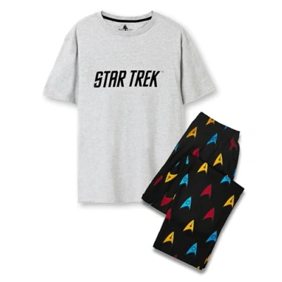Imagen de Star Trek Conjunto de Pijama para Hombre Camiseta Gris Estampada Manga Corta con Logo Clásico Adultos y Pantalones Largos Negros Estampado Integral Pijamas Badge Loungewear Ropa Trekkie