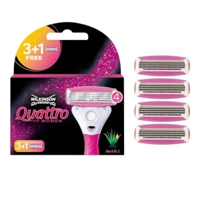 Imagen de Wilkinson Sword Quattro Recâmbios para Maquina de Afeitar Mujer, 3 + 1 Hojas Rosa, 4 Unidades
