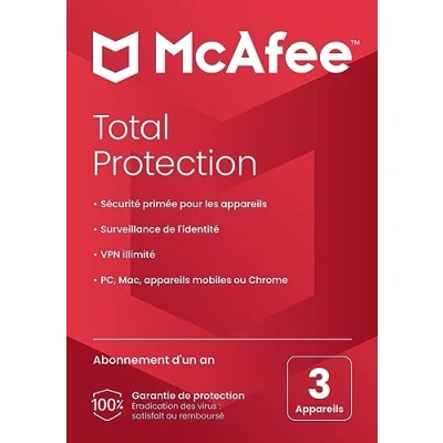 Imagen de McAfee Total Protection para 3 dispositivos, 2025 12 meses VPN segura, el software de seguridad incluye antivirus, gestor contraseñas, supervisión identidad Entrega por correo