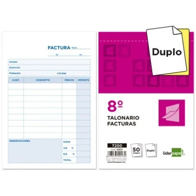 Imagen de Talonario liderpapel facturas 8º original y copia t200 con i.v.a