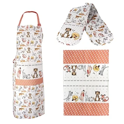 Imagen de SPOTTED DOG GIFT COMPANY Juego 3 Paño de Cocina, Delantal y Manoplas Horno Doble, 100% Algodón Divertido Diseño Perros, Regalos Originales para Mujer, Cocineros Amantes los Perro