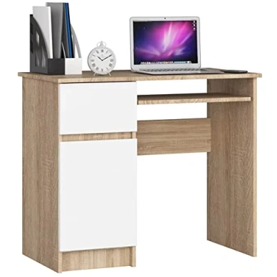 Imagen de AKORD Escritorio con Estante para Teclado, Cajón y Contenedor en el Lado Izquierdo de Oficina Computadora PC Portátil 90x77x50 cm 30 kg Roble Sonoma Blanco