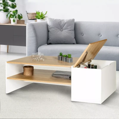 Imagen de IDMarket Mesa de centro rectangular contemporánea IZIA con baúl blanco y bandejas madera