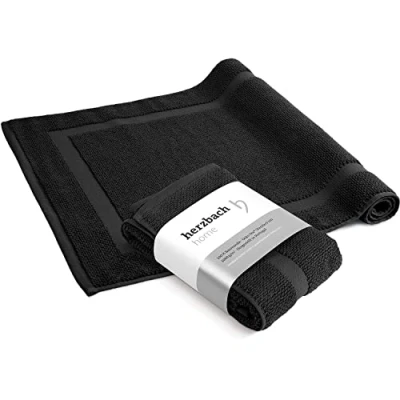 Imagen de herzbach home Alfombra de baño 100% algodón Alfombrilla Ducha 1000 g/m² Absorbente Lavable (Negro Paquete 2 50x80 cm)