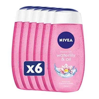 Imagen de NIVEA gel de Ducha Waterlily &amp; Oil en paquete 6 botellas 250 ml cada una fresco y delicado Fórmula enriquecida con perlas aceite aroma nenúfar