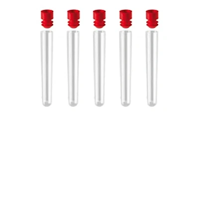 Imagen de AE GLAS: 5 tubos de ensayo plástico con tapa, 12 ml, transparente (100 x 16 mm), tapón (5 rojos)