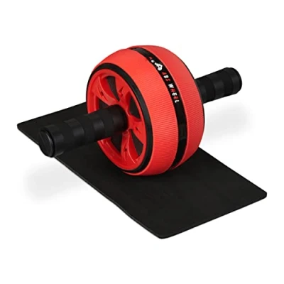 Imagen de Relaxdays Rueda Abdominal, Entrenador Abdomen Casa, Antideslizante, Fitness con Estera Rodillas, Negro/Rojo, 16,5 x 30 cm