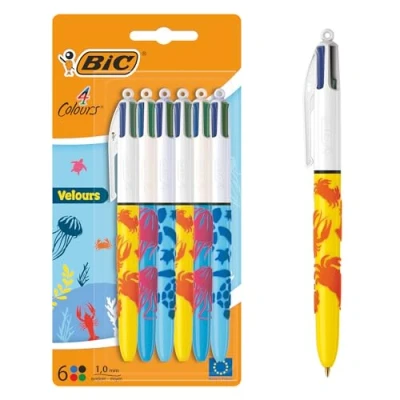 Imagen de BIC 4 Colores Velours Bolígrafos de Punta Media (1,00 mm) Motivos Marinos 3 Diseños Surtidos, Pack 6