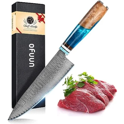 Imagen de oFuun Cuchillo Cocina Damasco, 20cm Chef Japones de Acero Damasco 67 Capas, Mango Resina Azul, Cocinero Profesional para Cortar Verdura, Fruta, Carne y Pescado