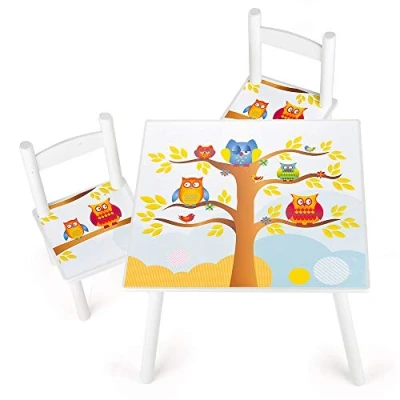 Imagen de leomark Conjunto Infantil de Mesa y 2 Sillas Madera, Juego Blanco Muebles Infantiles para Niños, Estable, Diversión Aprendizaje, Fácil Montaje, Motivo: Búhos, Altura: 42 cm
