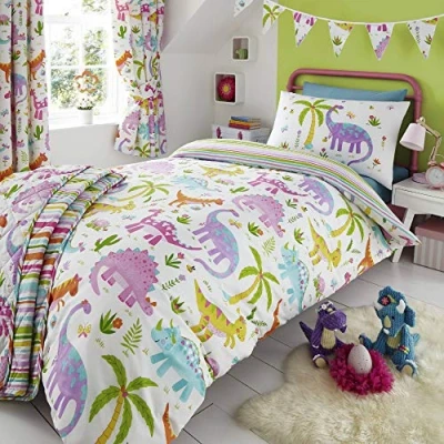 Imagen de Happy Linen Company Set de Fundas Infantiles para edredón Reversible Estampado Dinosaurios Rosas sobre Blanco Individual
