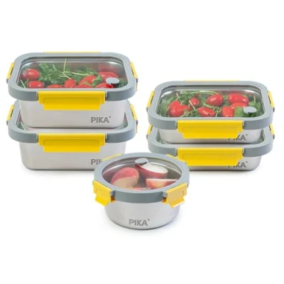 Imagen de Pika Recipiente hermético para alimentos de acero inoxidable y tapa cristal templado ligera Compatible con microondas, horno, congelador MetalShock (Set 3 : 650ml + 2x 820ml 2x1200ml)