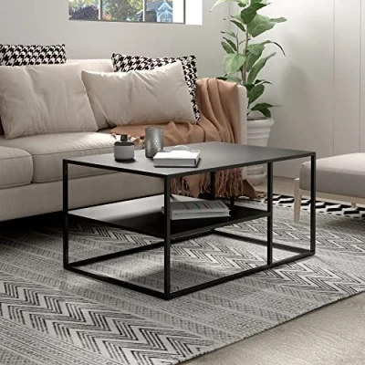 Imagen de [en.casa] Mesa de Centro con Estante Auxiliar Rectangular Inferior para Salón Resistencia Acero 45 x 90 60 cm Negro Mate