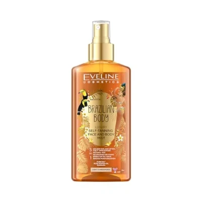 Imagen de EVELINE COSMETICS Brazilian Body Luxurious Bruma autobronceadora 5 en 1 para rostro y cuerpo Piel brillante morena Efecto inmediato Siete días de duración Tecnología PureTan a base plantas 150 ml
