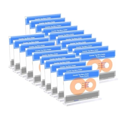 Imagen de TUKA 20x Acrílico A5 Menu Soporte Doble Cara, Forma T, Base Acrílica, Soportes de Sobremesa para Carteles Menús Promociones Porta Carteles. Transparente Expositor Mesa, Transversal TKD8206
