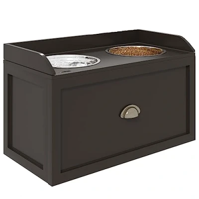 Imagen de PawHut Comedero Elevado para Perros Grandes Cuencos con 2 Tazones 2000ml de Acero Inoxidable y Cajón Oculto Soporte Madera Mascotas 60x30x36 cm Marrón