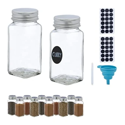Imagen de Relaxdays Set de 12 Botes Especias, Dispensador, Tarros Especieros Cristal, 120 ml, Etiquetas y Rotulador, Transparente, Silicona