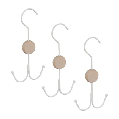 Imagen de Relaxdays Soporte Juego 3 Perchas Cinturones 2 Ganchos, para Bolsos, Corbatas y Accesorios, Metal Madera, Blanco, Hierro, Set de