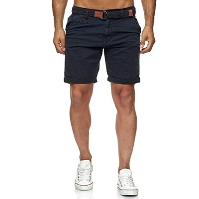Imagen de Indicode Conor Pantalones cortos chinos para hombre, con cinturón, 100% algodón, bermudas de corte regular azul marino M