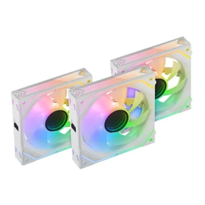 Imagen de Mars Gaming MF LINKFINITYKIT, Kit 3x Ventiladores Modulares PWM 120mm, Sistema de Conexión LINKFINITY, Iluminación Infinity Mirror ARGB 360º y Controladora ARGB, Ultra silencioso 12dB, Blanco