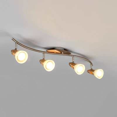 Imagen de Plafón Lindby Marena, 4 luces, cristal, madera, 83 cm de largo
