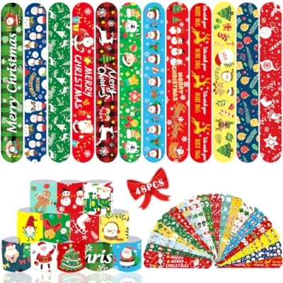 Imagen de Acuiwer 48 Piezas Pulseras de Juguete Navidad Slap Christmas Band Bofetadas Fiesta Cumpleaños Rellenos Bolsa para Niños Niñas