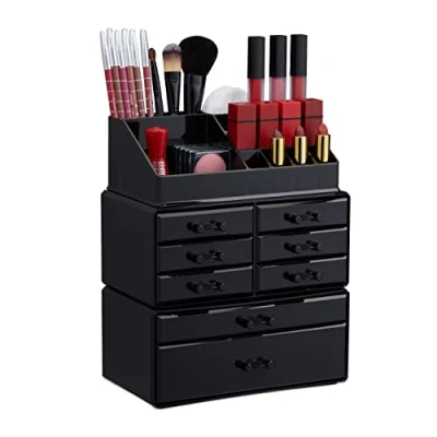 Imagen de Relaxdays Organizador de Maquillaje con cajones, Fibra acrílica, Neceser apilable, Negro, 30 x 24 1
