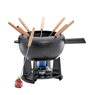 Imagen de Spring Juego de fondue hierro fundido negro, 20 cm diámetro, con 8 tenedores y protección contra salpicaduras, para queso, carne, quemador refugio