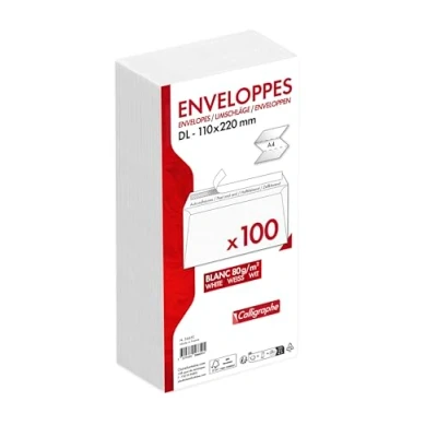 Imagen de Clairefontaine ES Calligraphe (gamme correspondance Clairefontaine) 5665C Un paquet de 100 enveloppes auto adhésives blanches 11x22 cm 80 g sous film