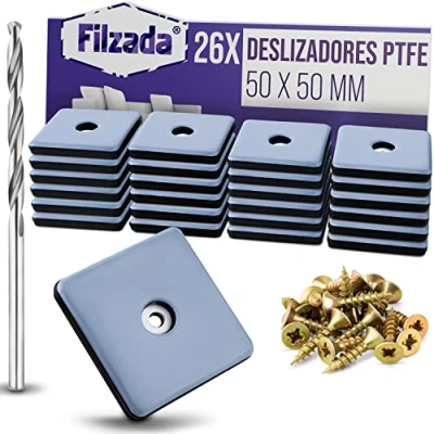Imagen de Filzada® 26x Almohadillas de Teflón para Muebles atornillar 50 x mm (cuadrado) Deslizadores muebles/deslizadores alfombras PTFE (Teflón) incl. tornillos