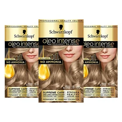 Imagen de Schwarzkopf Oleo Tinte para el cabello rubio intenso, paquete de 3 colores permanentes al aceite, sin amoníaco, cubre grises, beige 8 05