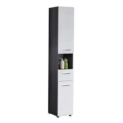Imagen de trendteam smart living Line Bad:KO.Sardegna Rauchsilber Melamin,FR.Weiß Hochglanz Tiefzieh,Hochschrank Mueble, Blanco, 30 x 182 214.5 cm