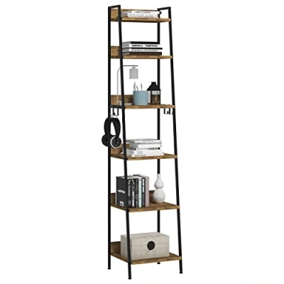 Imagen de WOLTU Escalera Estantería Negra de Estilo Industrial, Almacenaje Madera y Metal con 4 Ganchos Extraíbles, Librería 6 Niveles para Salón, 41x36x187 cm