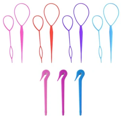 Imagen de 3 juegos de herramientas peinado, piezas removedor goma elástica, herramienta dibujo pelo cola caballo, peinado para mujeres y niñas (rosa, púrpura, azul)