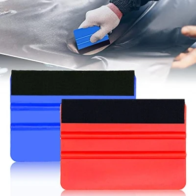Imagen de Rascador de plástico con borde fieltro, 2 unidades, para coche, lámina tintada ventanas, herramientas (azul y rojo)